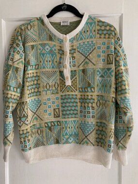 Vintage Marz Munchen Henley Sweater Womens Size 14 Geometric Pattern Knit Top